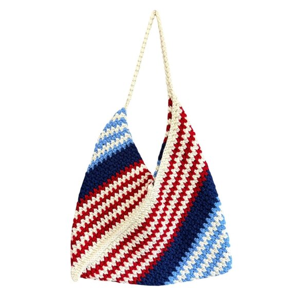 Diagonal Striped Crocheted Shoulder Hobo Bag Women's Multicolor Boho - Picture 1 of 5